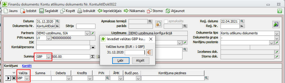 Kontu atlikumu dokuments - valūtu saraksts