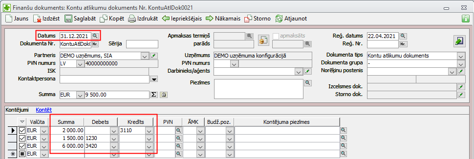 Kontu atlikumu dokuments - kopējs dokuments